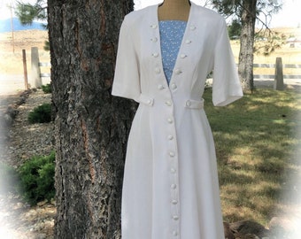 Me Made 1950s Linen Dress, Off White with Interchangeable Front Insert Panels for Different Looks, Satin Buttons, Authentic Reenacting