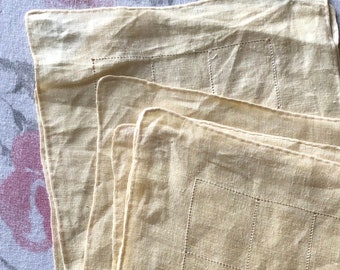 Set of 8 Sunny Yellow 1950s Cocktail Napkins, Delicate Cotton Drawn Work