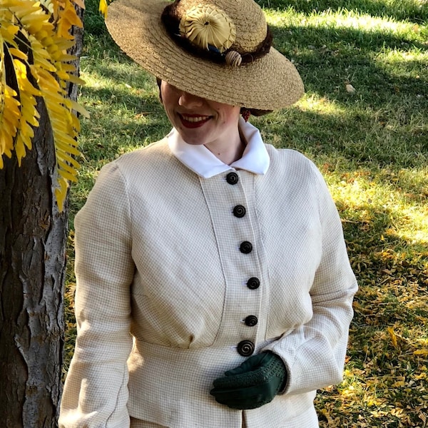 Handmade Reproduction 1930s Gold Linen Jacket, Gingham, Women's Size M-L, Made from Vintage Pattern Art Deco Costume Theater