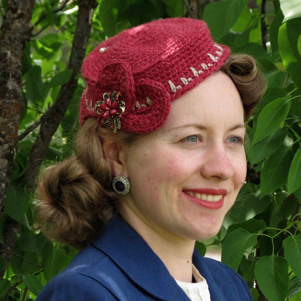 PATRÓN PDF Patrón de ganchillo de sombrero inclinable estilo años 40, traje de la Segunda Guerra Mundial, sombrero retro de los años 40, réplica vintage de la era de la victoria