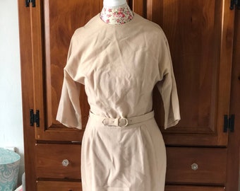 Vintage 1950s Tan Wool Pencil Corliss Dress with Matching Belt, Classic Fashion, Dolman Sleeves, Good Condition, Approx size M