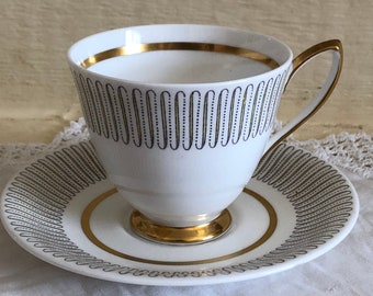 Amazing Art Deco Style English Royal Albert Capri Vintage Teacup, Duo, Cup and Saucer Swirl Design, White and Gold, Green