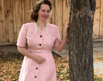 Me Made 1940s Pink Feedsack Repro Cotton Shirt Dress, WWII Era, Button Front House Dress or Reenacting Size L