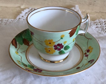 Sweet Green Phoenix Vintage Demitasse Teacup Made in England, English Bone China Small Cup and Saucer Floral