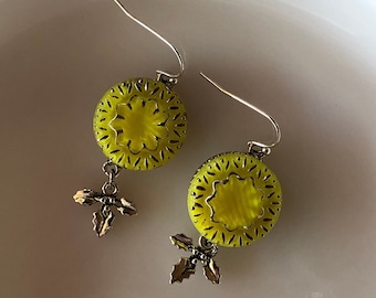 Lemon Lace - Yellow and Silver Ruffle Vintage Glass Button Earrings with Silver Holly Charm Dangle