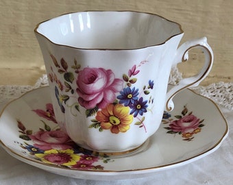 Amazing Larger Royal Grafton Teacup Duo, Larger Size, Floral Pattern and Scalloped Shape, Lovely Condition English Bone China