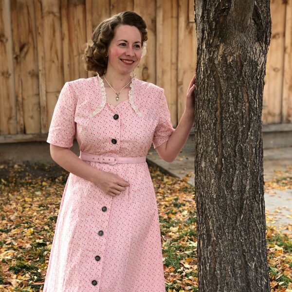 Me Made 1940s Pink Feedsack Repro Cotton Shirt Dress, WWII Era, Button Front House Dress or Reenacting Size L