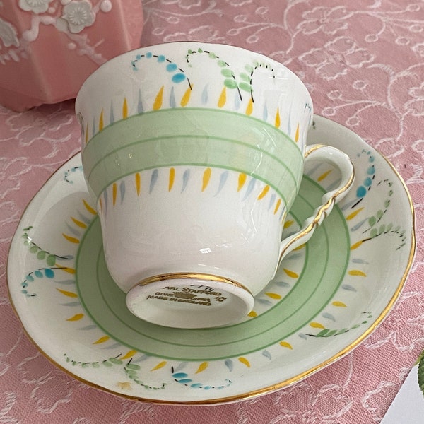 Lovely Vintage Royal Stafford Fine Bone China Teacup, 1930s Art Deco Design with Mint Green Bands, Flowers, Cup and Saucer Set English