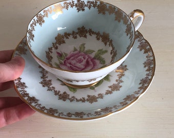 Rare Beautiful Vintage Stanley Teacup, Blue with Large Pink Rose, Cup and Saucer Duo Set, MINT condition