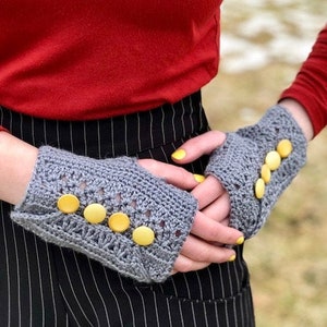 Pattern PDF for Crochet Wrapped and Buttoned Mitts, Unique Fingerless Gloves image 1