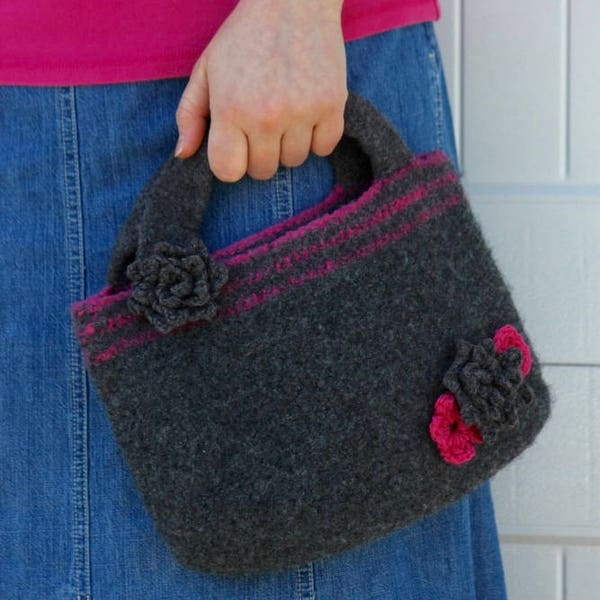 Pattern PDF for Crochet Felted Smoky Bookbag, Purse, Satchel with Appliqués and roses