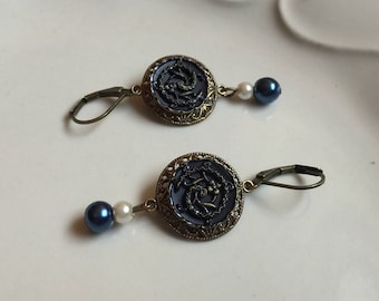 Midnight Dreams - Dark Blue Antique Button Earrings with Embossed Flower and Vine, Blue Glass Pearl Drop