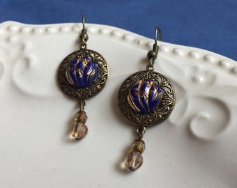 Confetti - Purplish Blue Vintage Glass Button Earrings with Gold Lines and Colored Flecks