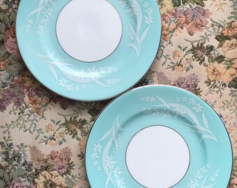 Lot of 2 Lovely Vintage English Bone China Floral Plates, Aqua Midcentury White Flowers, Roslyn Made in England, Tea Party Dessert Plate