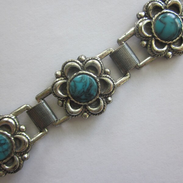 Silvertone and Resin Turquoise Costume Bracelet, Silver Flowers, Western, Southwestern 1950s, 1960s, 1970s