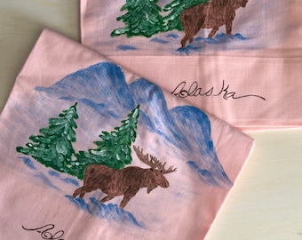 Vintage Alaska Souvenir Pillowcases NEW with original tags, Moose Design Hand Painted on Pink Cotton