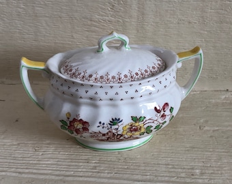 Stunning vintage Royal Daulton Sugar Bowl Grantham, painted colorful floral double handles