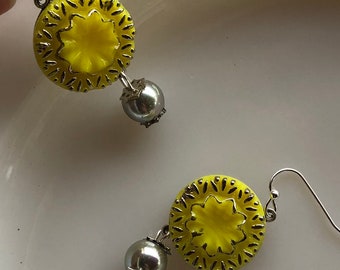 Lemon Lace - Yellow and Silver Ruffle Vintage Glass Button Earrings with Gray, Silver Glass Pearl Bead Dangle
