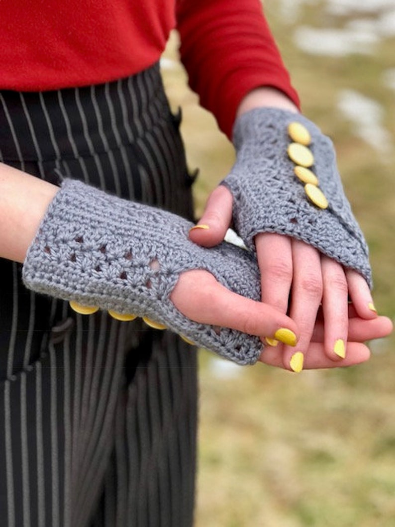 Pattern PDF for Crochet Wrapped and Buttoned Mitts, Unique Fingerless Gloves image 4