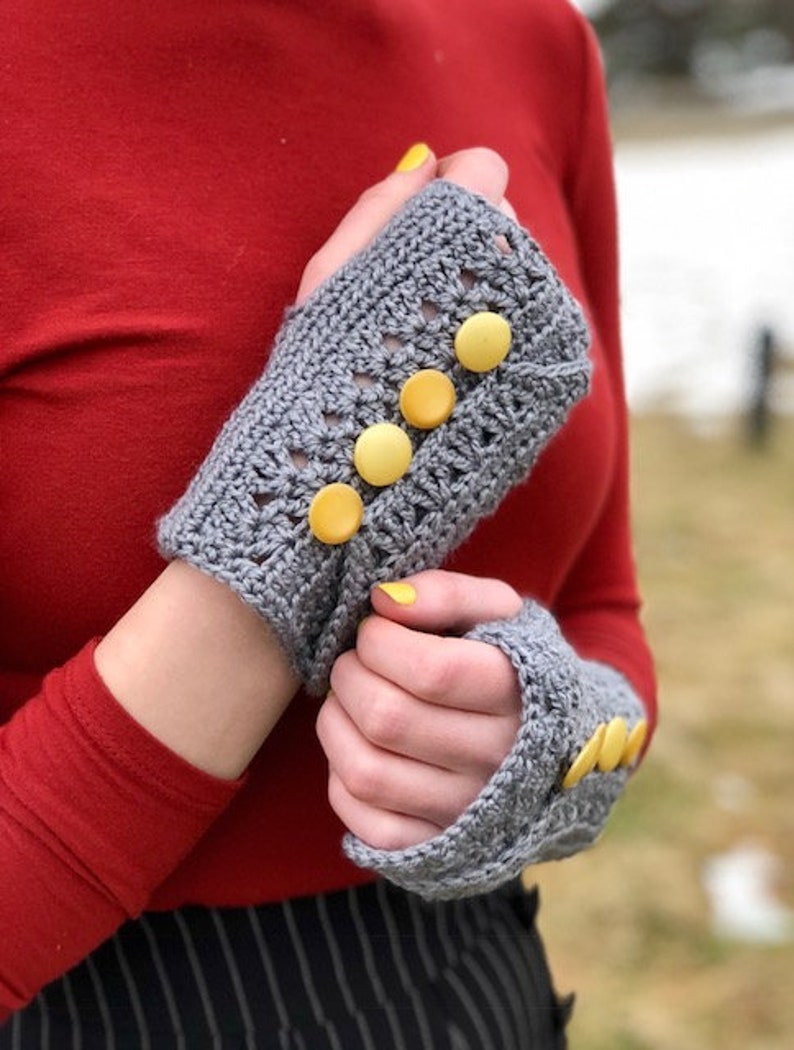 Pattern PDF for Crochet Wrapped and Buttoned Mitts, Unique Fingerless Gloves image 5