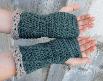 Pattern PDF for Crochet Spiral Fingerless Gloves, Arm Warmers, Forest Green and Tan in 2 Yarn weights