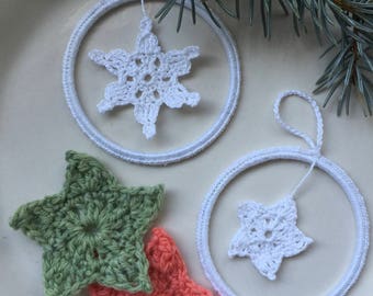 Crochet Pattern PDF for Stars and Snowflakes Ornaments or Appliqués, Bangle Ornament Crochet Garland