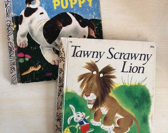 Lot of 2 Vintage Little Golden Books, Poky Little Puppy and Tawny Scrawny Lion, Good Condition