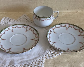 Green and Pink Vintage Austrian China Cup and Saucer with Bonus Saucer, Dainty and Elegant Teacup