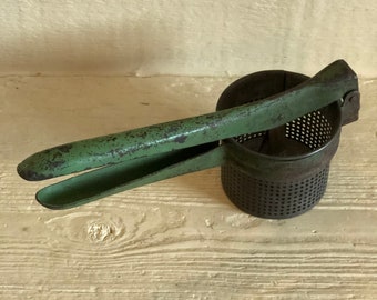 Chippy Green Handled Sieve, Masher, colander with Handle, Metal Utensil Vintage Kitchen Decor