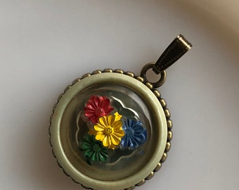 Primary Petals - Vintage Button Pendant, Green, Yellow, Blue, Red, Rare Button Set in Antique Silver