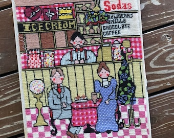 Vintage Needlepoint Picture Canvas Edwardian Soda Fountain Frameable Picture