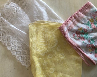 Lot of 3 Vintage Handkerchiefs, Hankies - Yellow, White, Floral, Rose, Lace, 1950s 1960s accessories