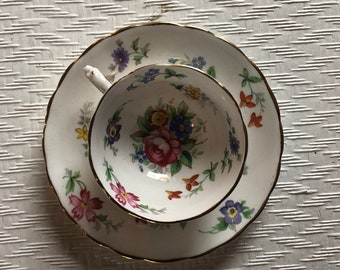 Sweet Tuscan Vintage Demitasse Teacup Bouquet Pattern Made in England, English Bone China Small Cup and Saucer Floral