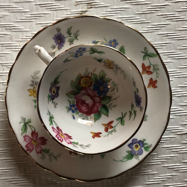 Sweet Tuscan Vintage Demitasse Teacup Bouquet Pattern Made in England, English Bone China Small Cup and Saucer Floral