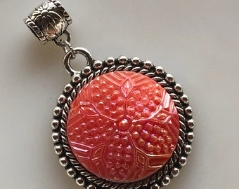 Orange Sherbet - Sparkly Orange Faceted Glass Button Pendant in Antique Silver Setting