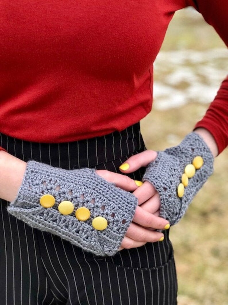 Pattern PDF for Crochet Wrapped and Buttoned Mitts, Unique Fingerless Gloves image 1