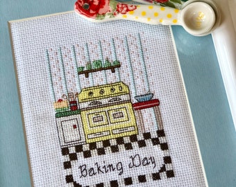 Counted Cross Stitch Pattern PDF Download: Vintage Baking Day Cross Stitch Embroidery Pattern Design Retro Kitchen 1950s