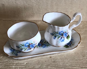 Vintage Sugar & Creamer Tray, Jubilee Made in England Blue Floral Set, Fine Bone China