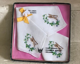 Box Set of 3 Vintage Handkerchiefs, New In Box, Spinning Wheel Embroidered Corners