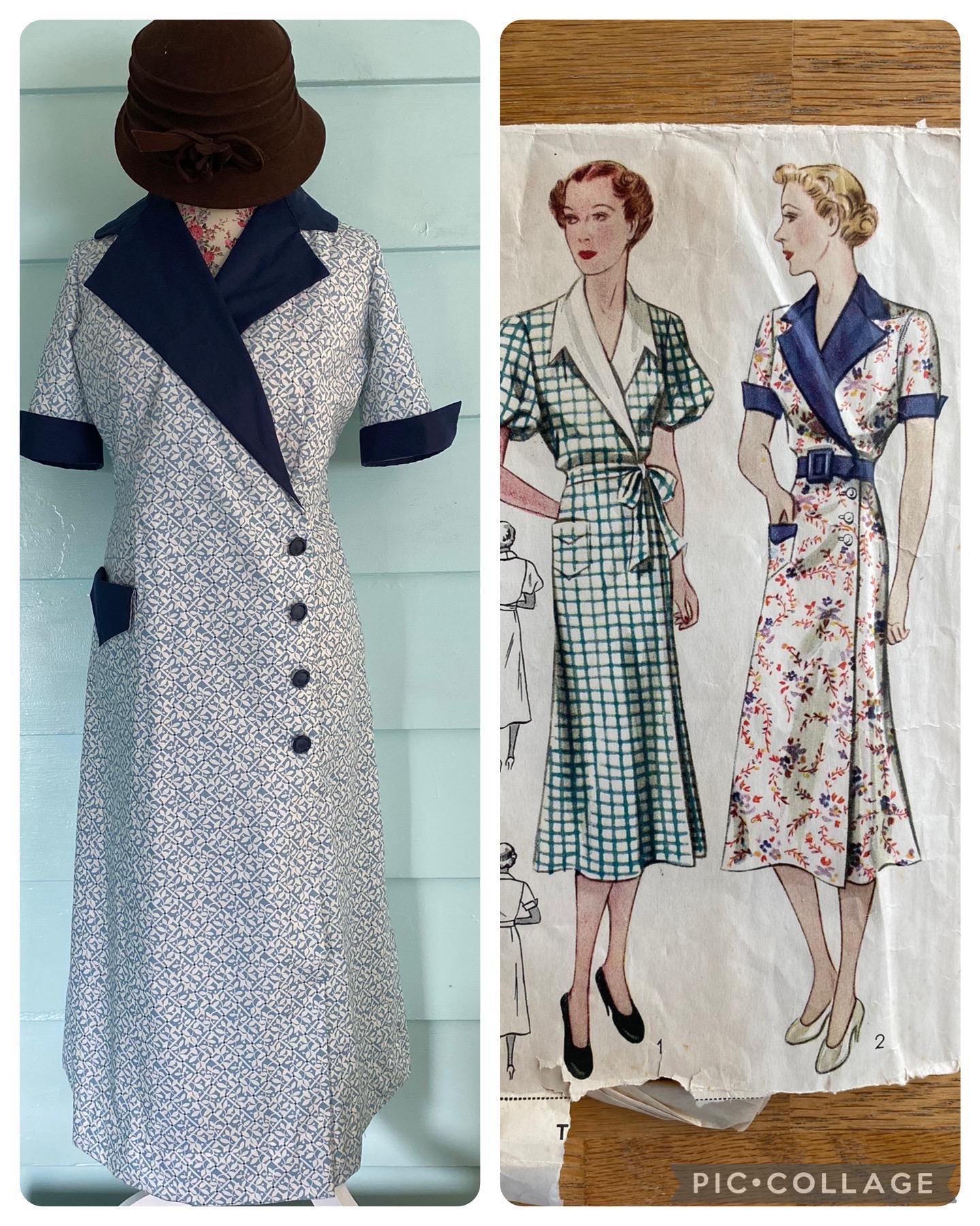 Handmade 1930s Wrap Hooverette Dress, Blue and White Quilting