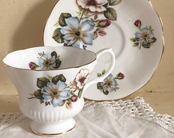 Floral Vintage Teacup, English China Royal Albert, Cup and Saucer Duo, Blue and Tan