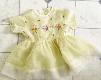 Baby, Toddler 1950s Vintage Dress, Sheer, Embroidered Flowers Spring Floral, Yellow Gauze Overlay