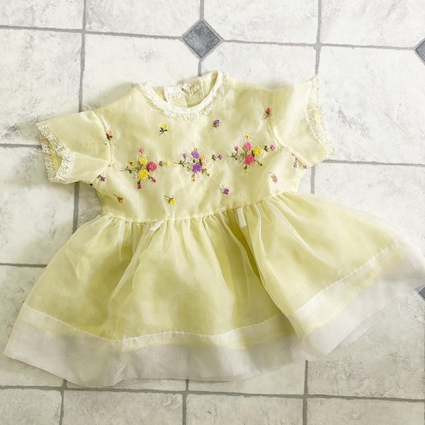 Baby, Toddler 1950s Vintage Dress, Sheer, Embroidered Flowers Spring Floral, Yellow Gauze Overlay