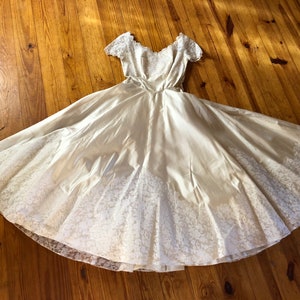 Ethereal 1950s Wedding Dress, Princess Dreams, Ivory Satin with White Lace Overlay, Handmade, Formal Bridal Midcentury Style sz S