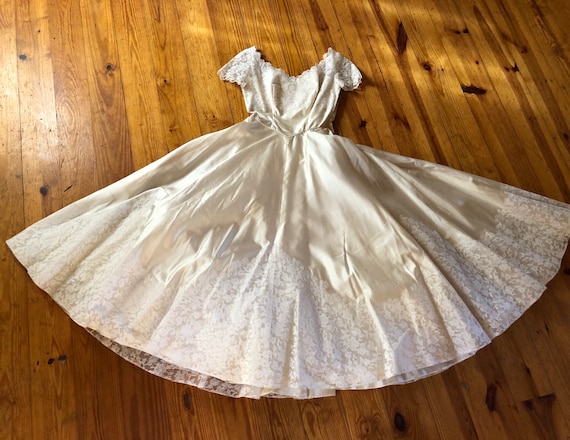 Ethereal 1950s Wedding Dress, Princess Dreams, Ivory Satin with White Lace Overlay, Handmade, Formal Bridal Midcentury Style sz S