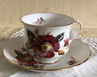 Beautiful Vintage Queen Anne Teacup, Large Fall Flowers Floral Design, English Made in England Cup and Saucuer