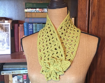 Crochet Chartreuse Floral Keyhole Scarf, Neckwarmer, Lightweight Spring Accessory