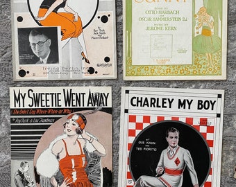 Lot of 4 Vintage Sheet Music, At Deco Flapper Era Love Songs, Collegiate, Paper Crafts or Frame