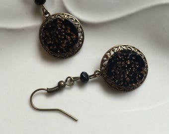 Fireworks - Glittery Black Glass Antique Button Earrings with Coppery Sparkly Flecks