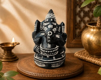 Escultura de Ganesha tallada a mano en piedra negra / Estatua del dios elefante indio de Mahabalipuram / Decoración espiritual hindú para el hogar